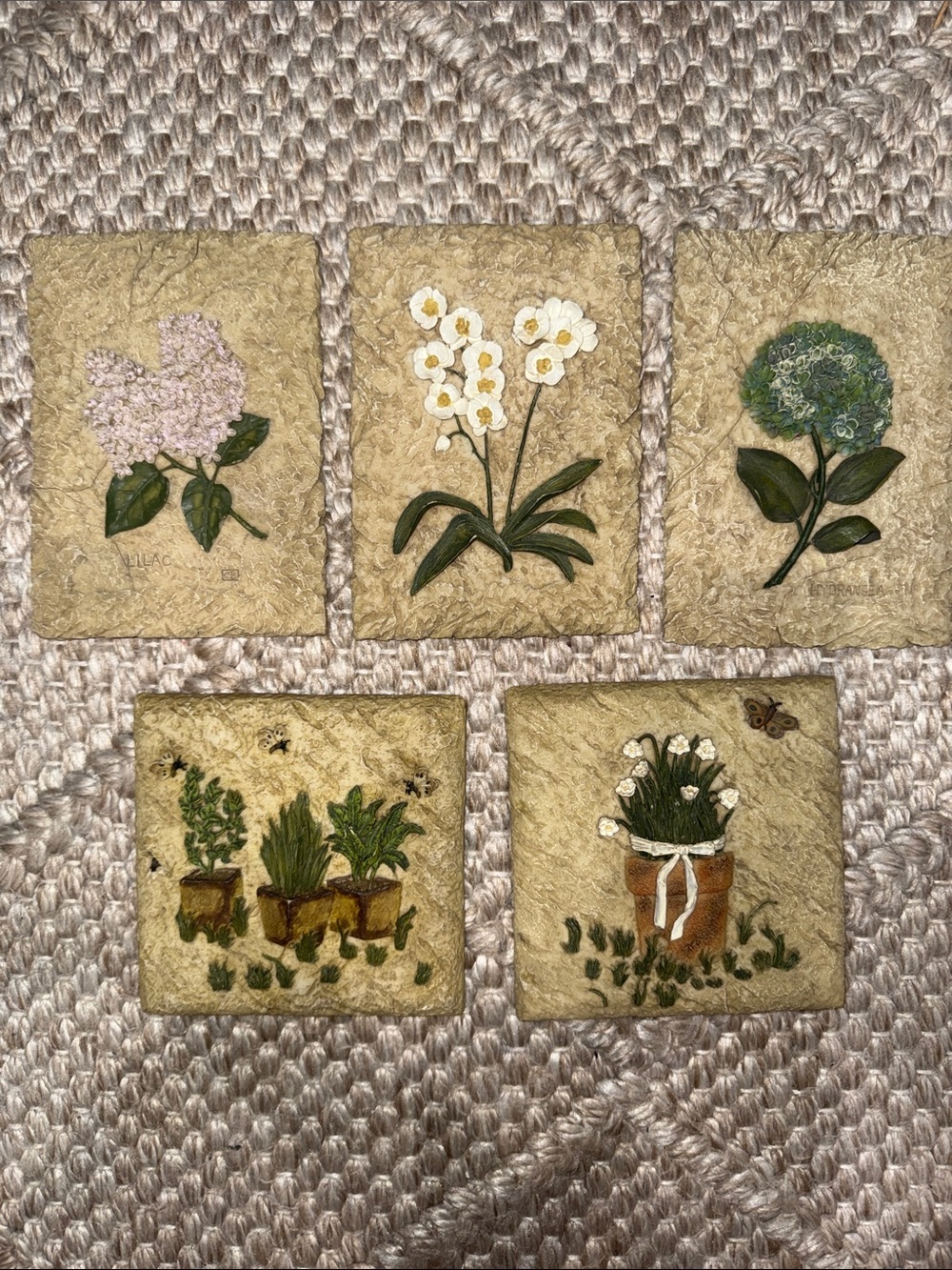 Set of 5 Botanical Flower Tile Cheri Brown Resin Tiles